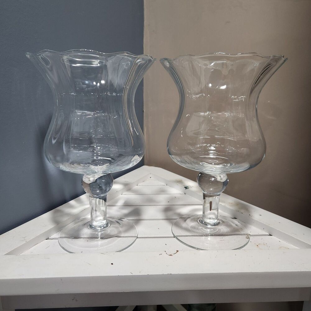 Pair Of Vintage Glass Pedistal/footed Hurricane Tulip Vases